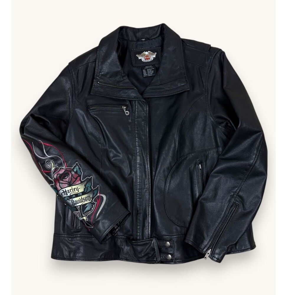 Vintage Harley Davidson Rose Tattoo Leather Moto Jacket 1W 16W